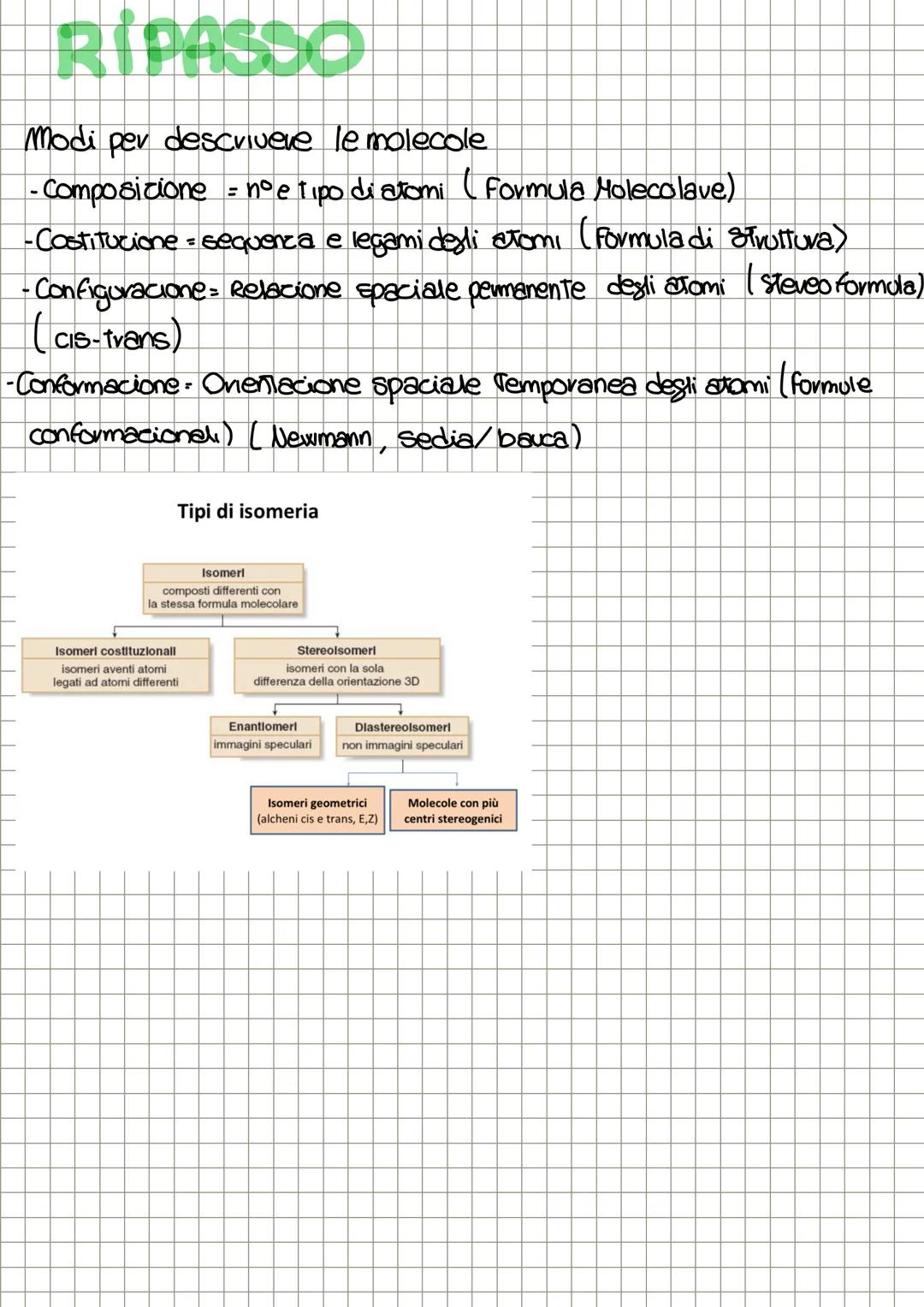 RIPASSO
Modi per descrivere le molecole
-Compositione = n° e tipo di atomi (Formula Molecolave)
-Costitucione = sequenza e legami degli atom