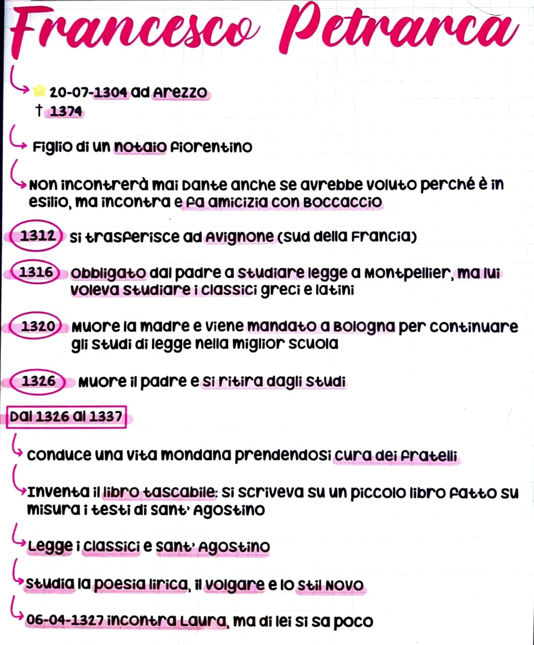 Francesco Petrarca
20-07-1304 ad Arezzo
t 1374
Figlio di un notaio fiorentino
Non incontrerà mai Dante anche se avrebbe voluto perché è in
e