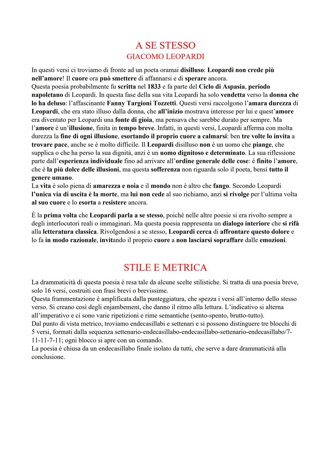 A SE STESSO
GIACOMO LEOPARDI
In questi versi ci troviamo di fronte ad un poeta oramai disilluso: Leopardi non crede più
nell'amore! Il cuore