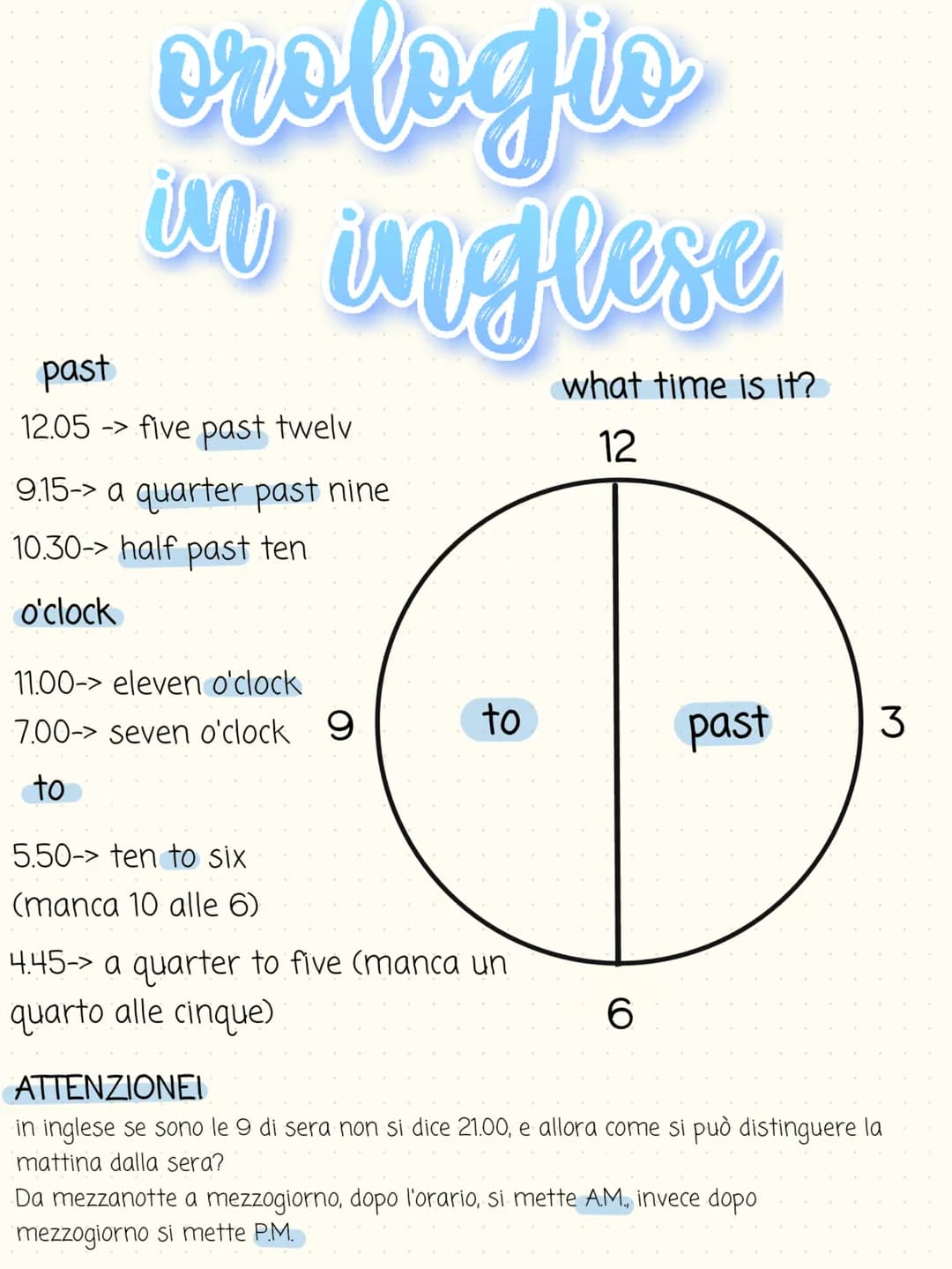 orologio
in inglese
what time is it?
12
past
12.05 -> five past twelv.
9.15-> a quarter past nine
10.30-> half past ten
o'clock
11.00-> elev