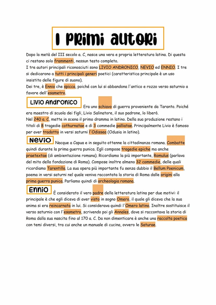 Origini della Letteratura
Possiamo ricondurre la nascita della letteratura latina nel 240 a. C. quando il tarantino Livio
Andronico mette in