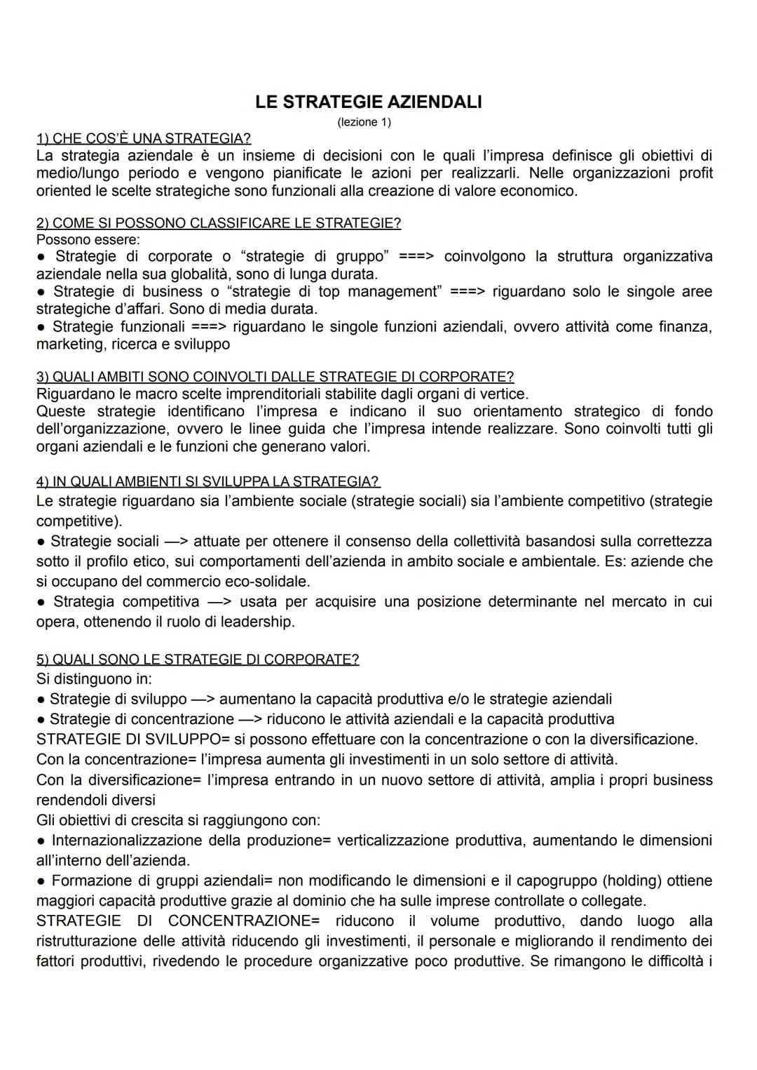 LE STRATEGIE AZIENDALI
(lezione 1)
1) CHE COS'È UNA STRATEGIA?
La strategia aziendale è un insieme di decisioni con le quali l'impresa defin
