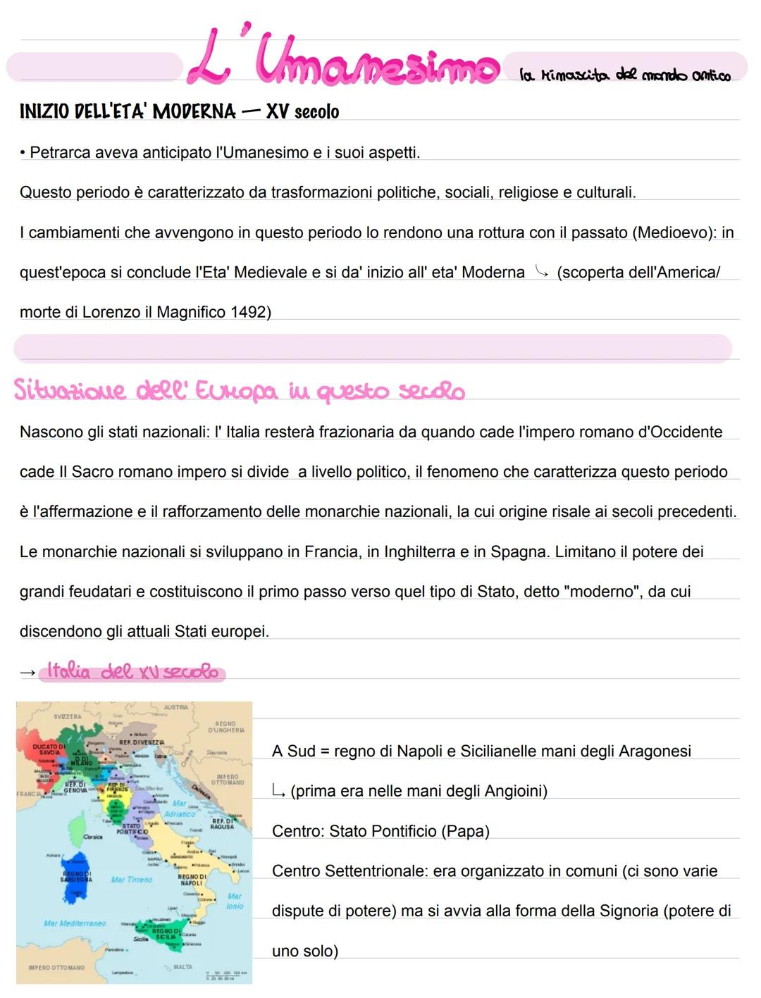 INIZIO DELL'ETA' MODERNA — XV secolo
• Petrarca aveva anticipato l'Umanesimo e i suoi aspetti.
Questo periodo è caratterizzato da trasformaz