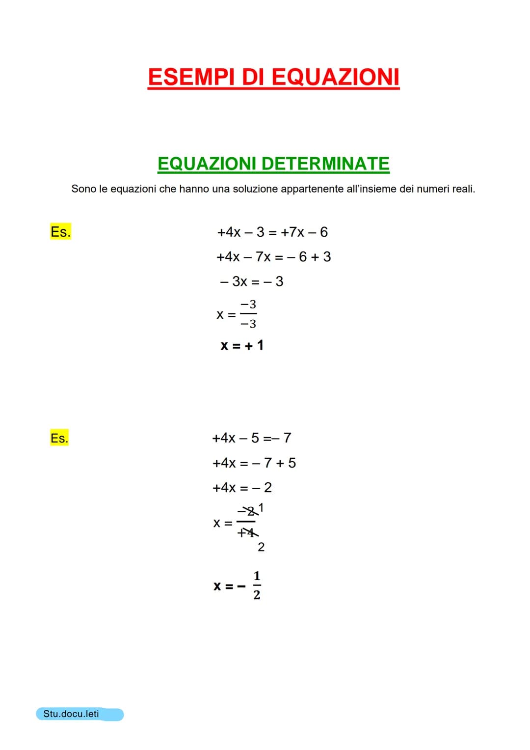 EQUAZIONI
DEFINIZIONE: Un'equazione è un'uguaglianza fra due espressioni, di cui almeno una
letterale, che è verificata solo per particolari