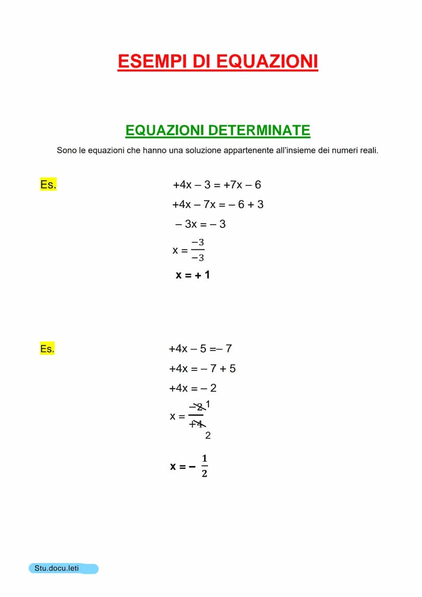 EQUAZIONI
DEFINIZIONE: Un'equazione è un'uguaglianza fra due espressioni, di cui almeno una
letterale, che è verificata solo per particolari