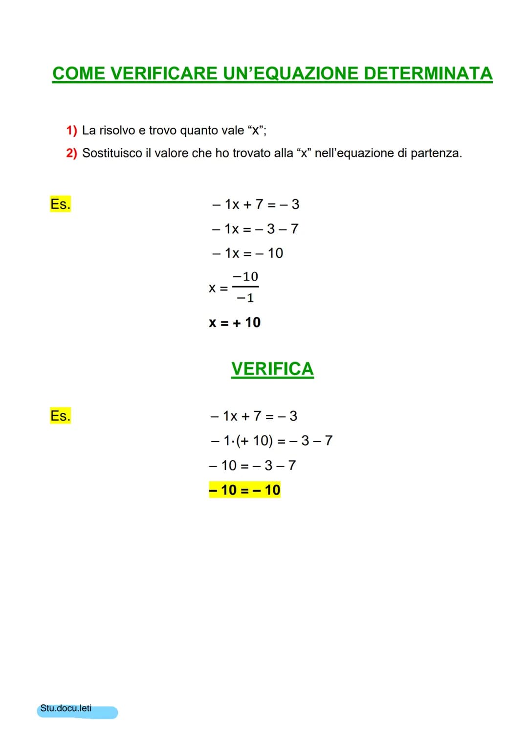 EQUAZIONI
DEFINIZIONE: Un'equazione è un'uguaglianza fra due espressioni, di cui almeno una
letterale, che è verificata solo per particolari