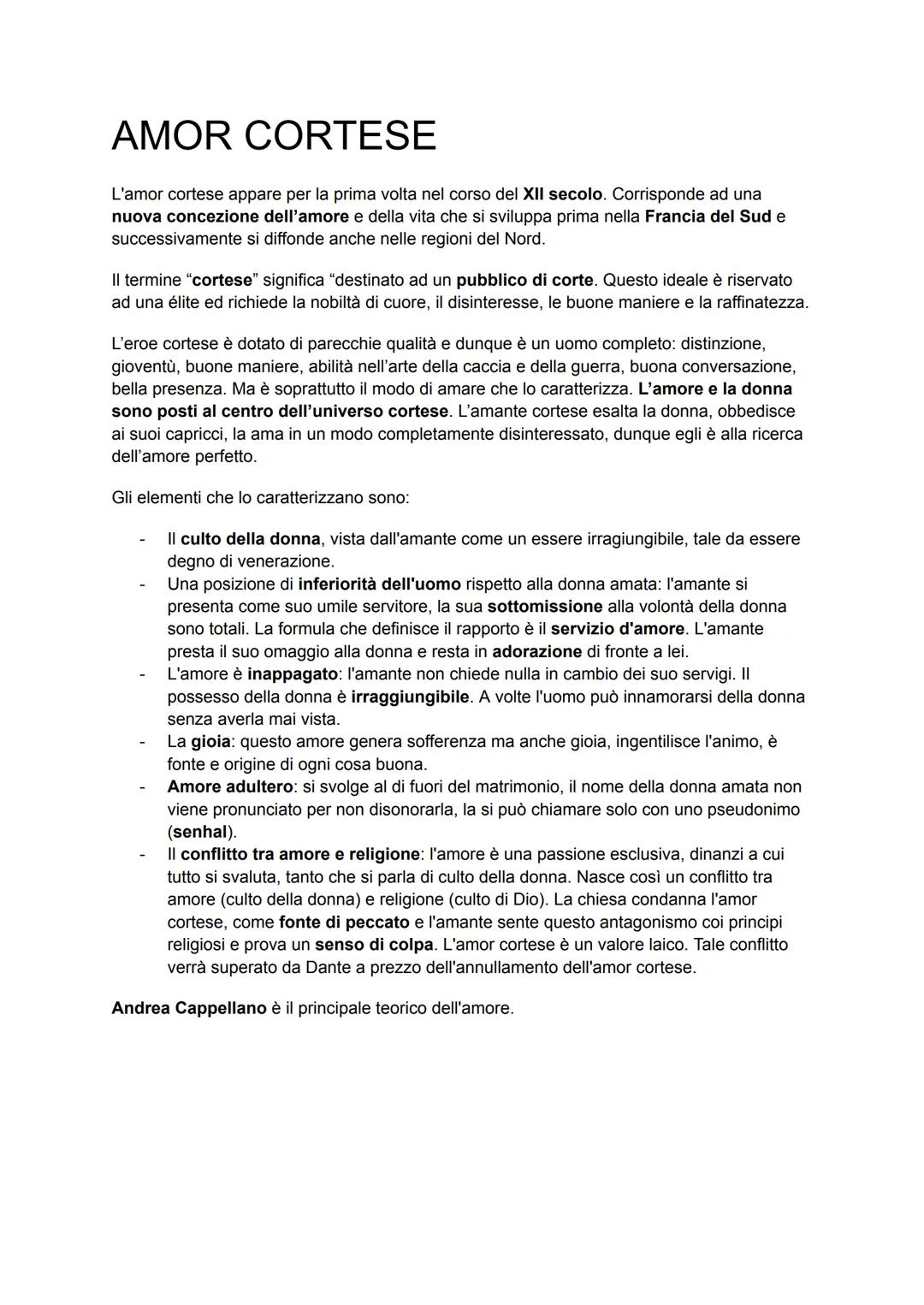 AMOR CORTESE
L'amor cortese appare per la prima volta nel corso del XII secolo. Corrisponde ad una
nuova concezione dell'amore e della vita 