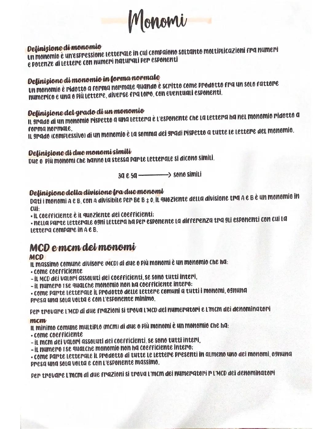 Monomi, Polinomi , prodotti notevoli , scomposizioni , ruffini teorema del resto e equazioni 