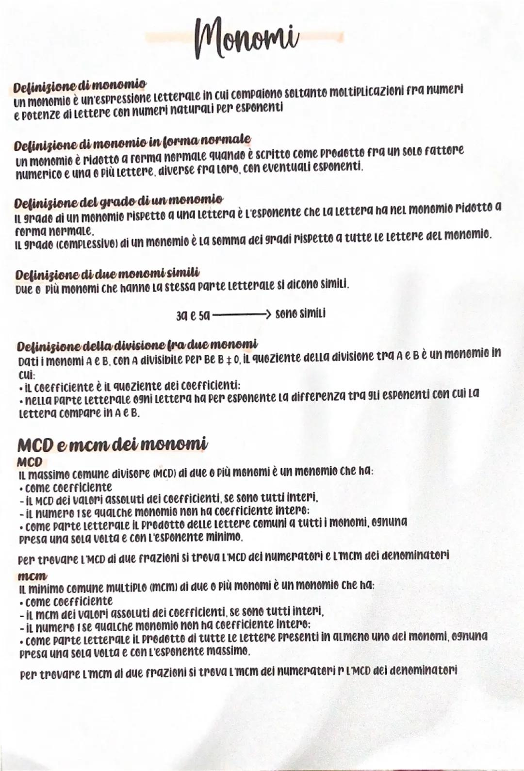 Definizione di monomio
Monomi
un monomio è un'espressione Letterale in cui compaiono soltanto moltiplicazioni fra numeri
e potenze di Letter