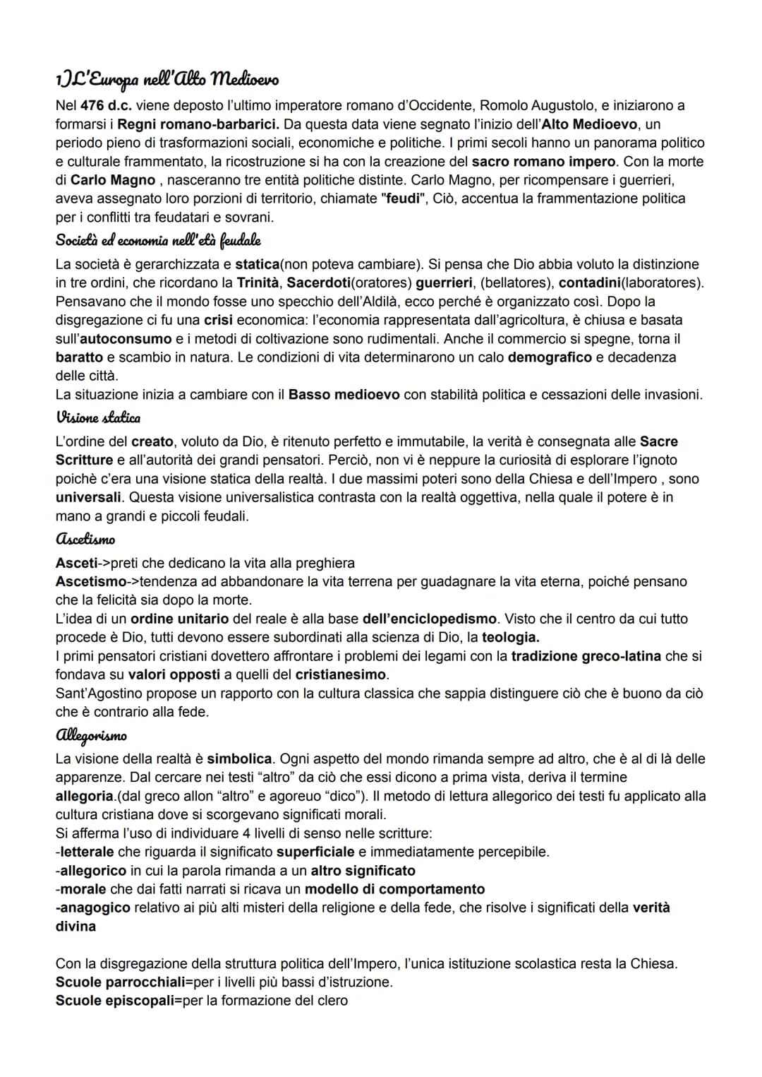 1)L'Europa nell'Alto Medioevo
Nel 476 d.c. viene deposto l'ultimo imperatore romano d'Occidente, Romolo Augustolo, e iniziarono a
formarsi i
