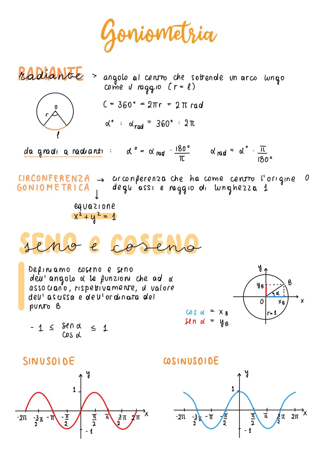 radiante
l
da gradi a nadianti :
- 1 ≤ end
cos d
>
SINUSOIDE
equazione
x2 + y 2 = 1
seno e coseno
Definiamo coseno e seno
deu' angolo & le f