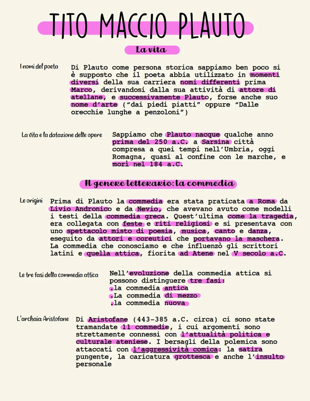 TITO MACCIO PLAUTO
La vita
I nomi del poeta
Di Plauto come persona storica sappiamo ben poco si
è supposto che il poeta abbia utilizzato in 
