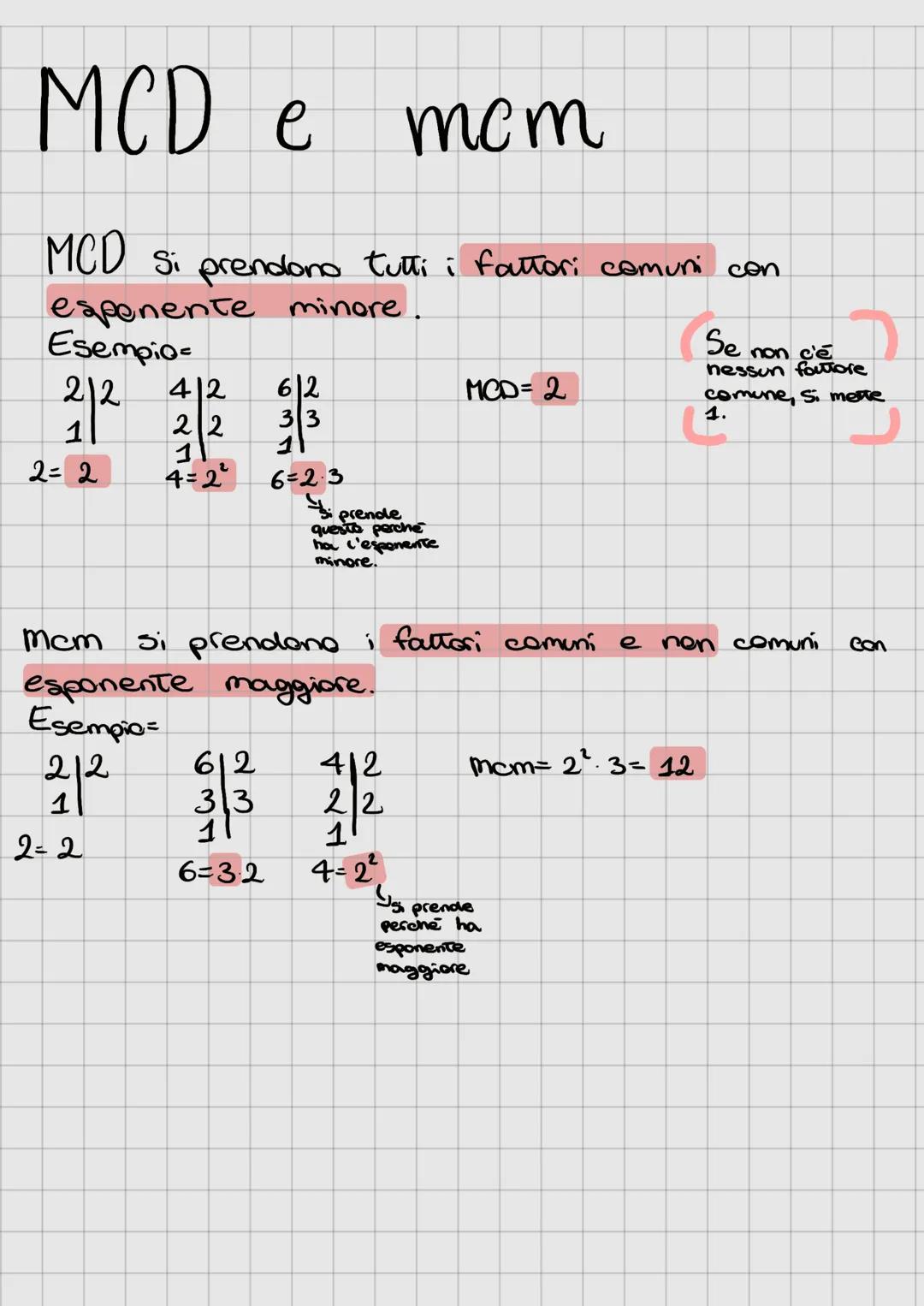 MCD e
mem
MCD Si prendono tutti i fattori comuni con
esponente minore.
Esempio=
212
1
2= 2
412
22
4=2²
62
33
6=23
33
11
prende
questo perché
