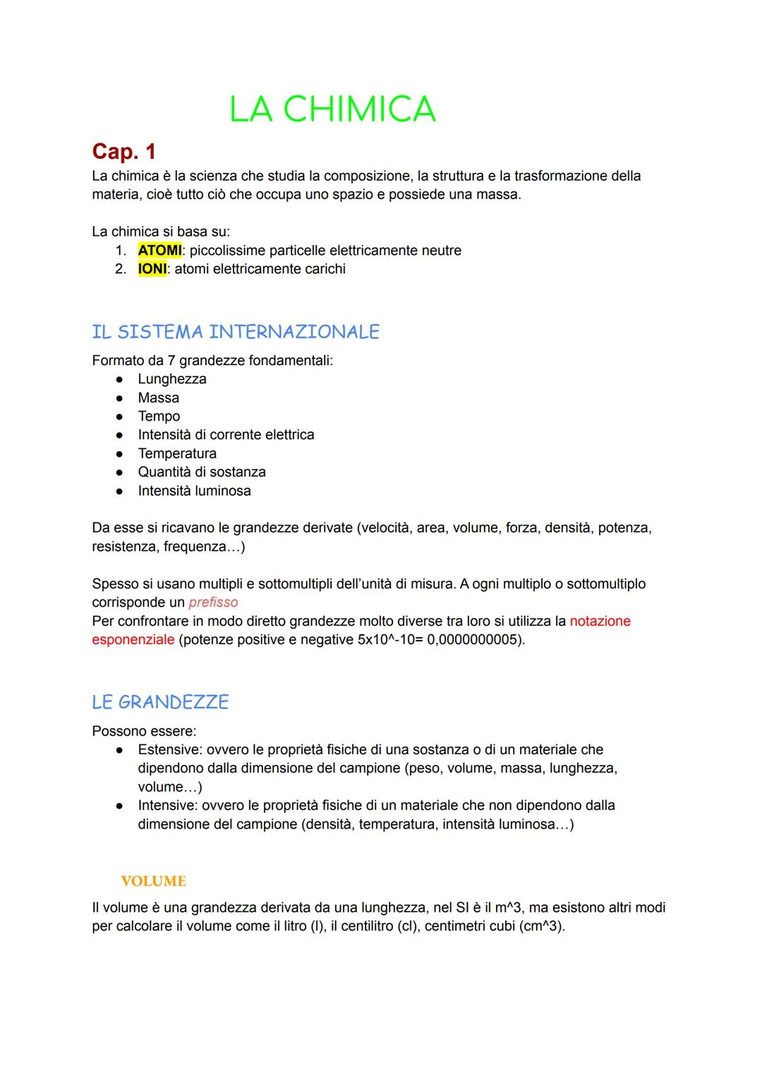 LA CHIMICA
Cap. 1
La chimica è la scienza che studia la composizione, la struttura e la trasformazione della
materia, cioè tutto ciò che occ