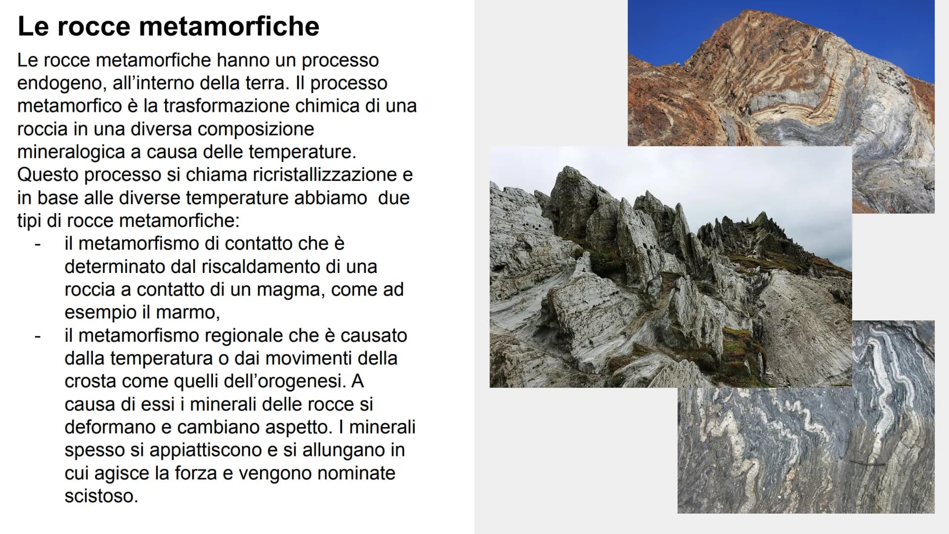 LE ROCCE Che cosa sono le rocce?
Una roccia è un solido naturale formato da uno o più minerali
tenuti insieme in un aggregato compatto. Le r