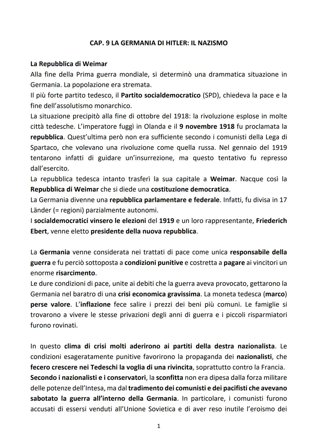 CAP. 9 LA GERMANIA DI HITLER: IL NAZISMO

La Repubblica di Weimar

Alla fine della Prima guerra mondiale, si determinò una drammatica situaz