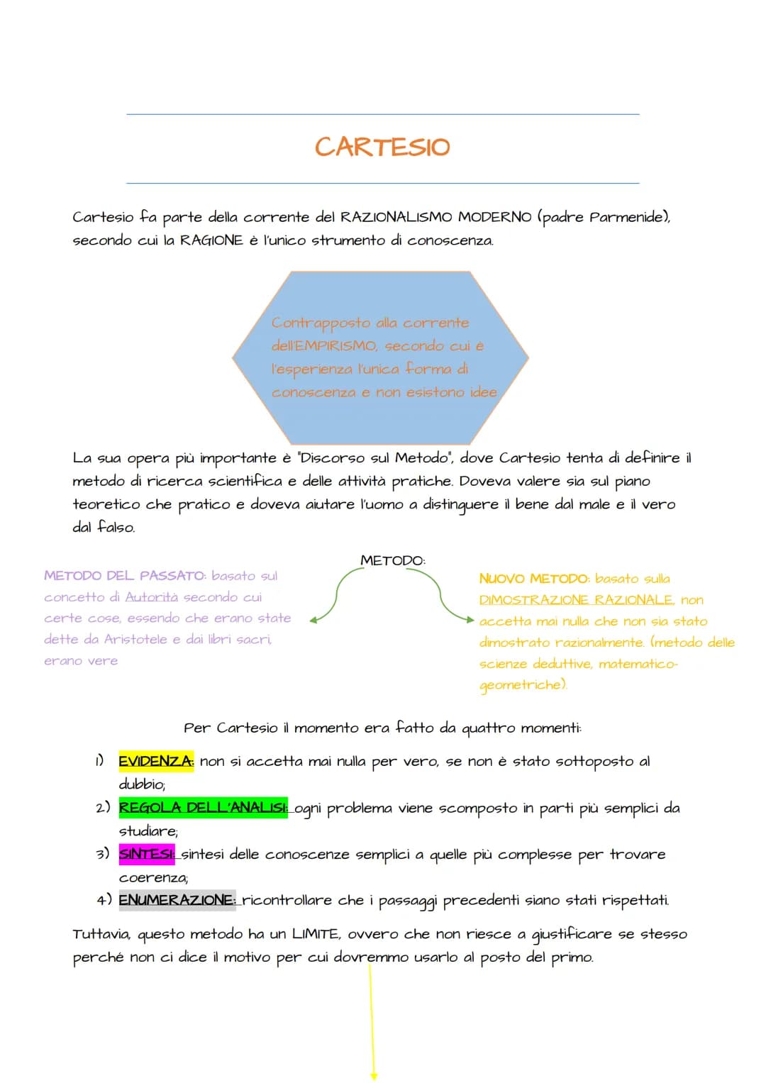 CARTESIO
Cartesio fa parte della corrente del RAZIONALISMO MODERNO (padre Parmenide),
secondo cui la RAGIONE è l'unico strumento di conoscen