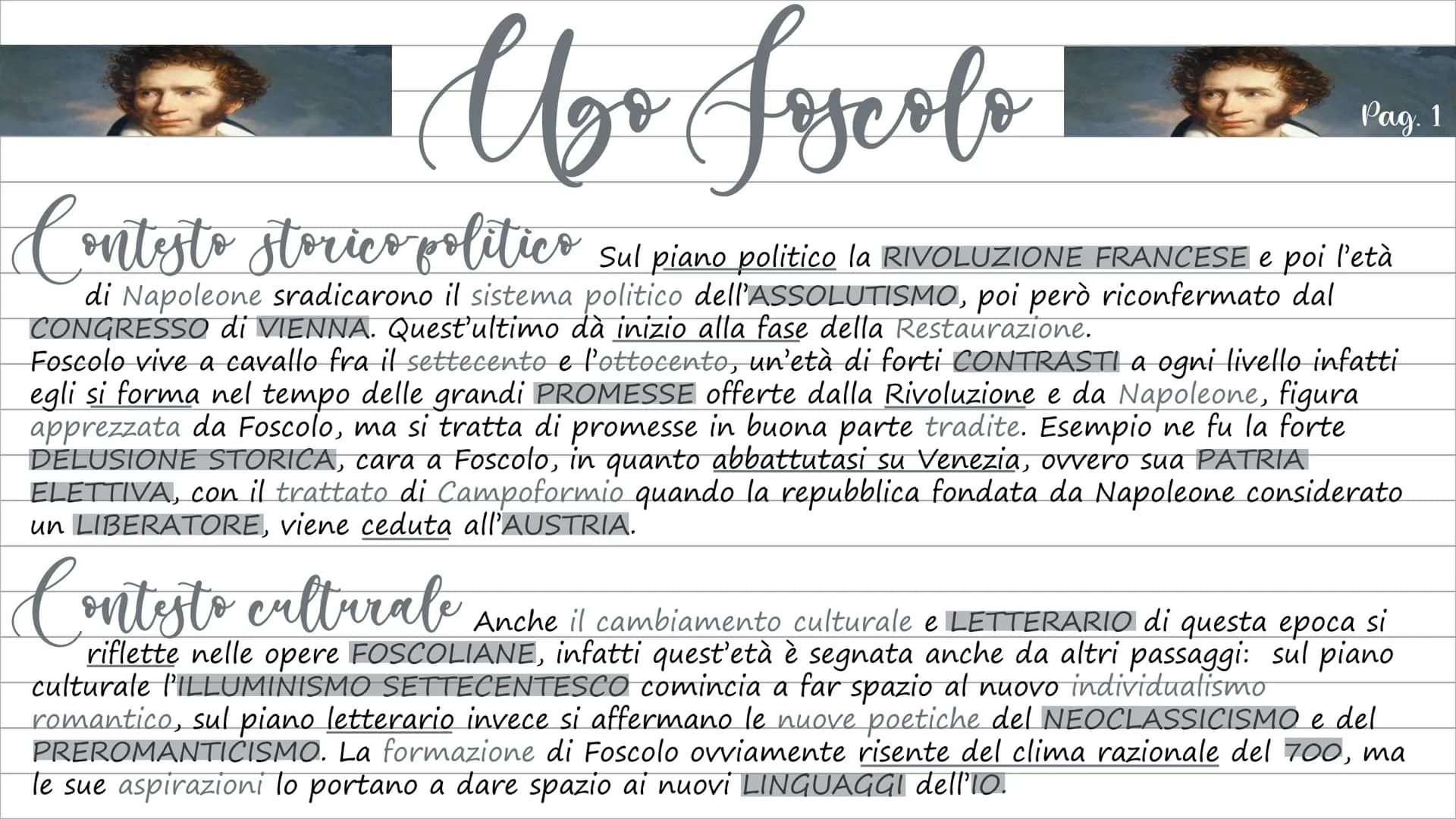 
<p>Ugo Foscolo visse in un periodo di forti contrasti, a cavallo tra il settecento e l'ottocento, caratterizzato dalla Rivoluzione Francese