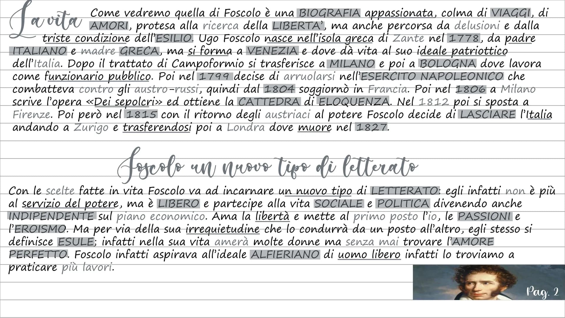 
<p>Ugo Foscolo visse in un periodo di forti contrasti, a cavallo tra il settecento e l'ottocento, caratterizzato dalla Rivoluzione Francese