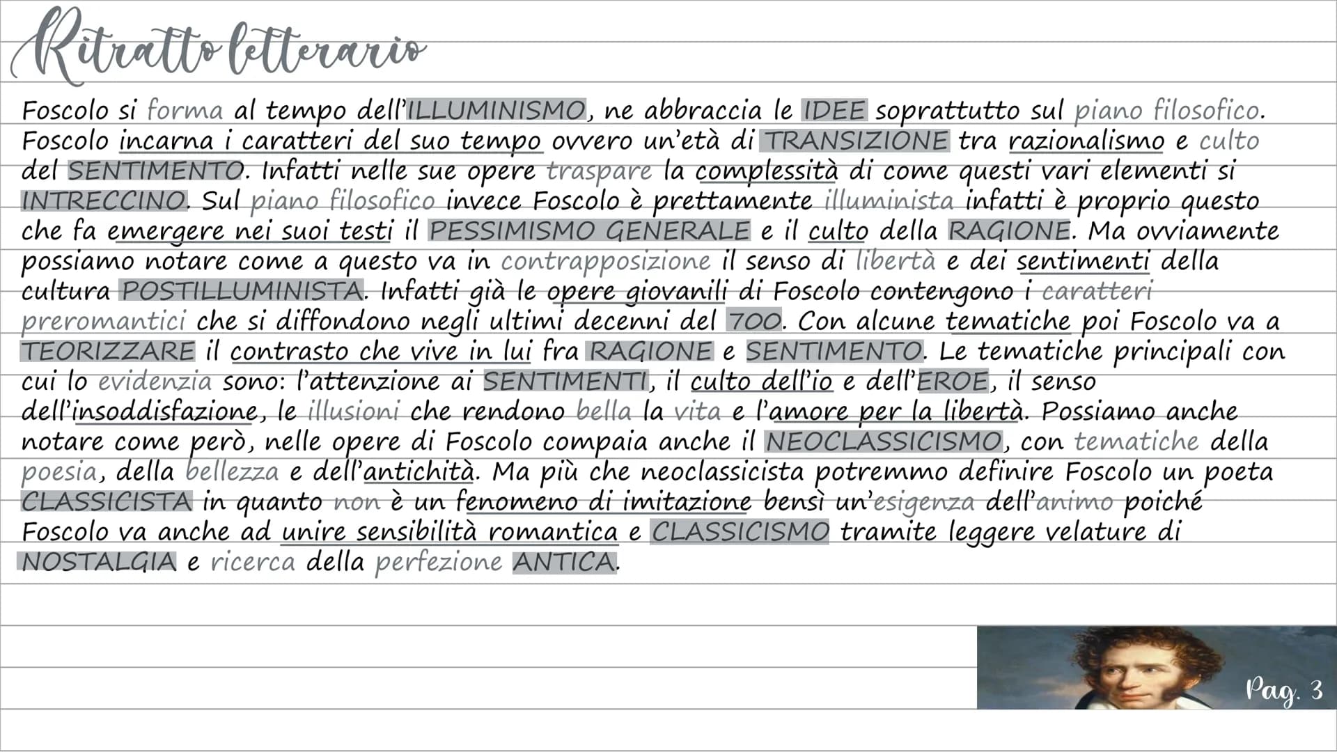 
<p>Ugo Foscolo visse in un periodo di forti contrasti, a cavallo tra il settecento e l'ottocento, caratterizzato dalla Rivoluzione Francese