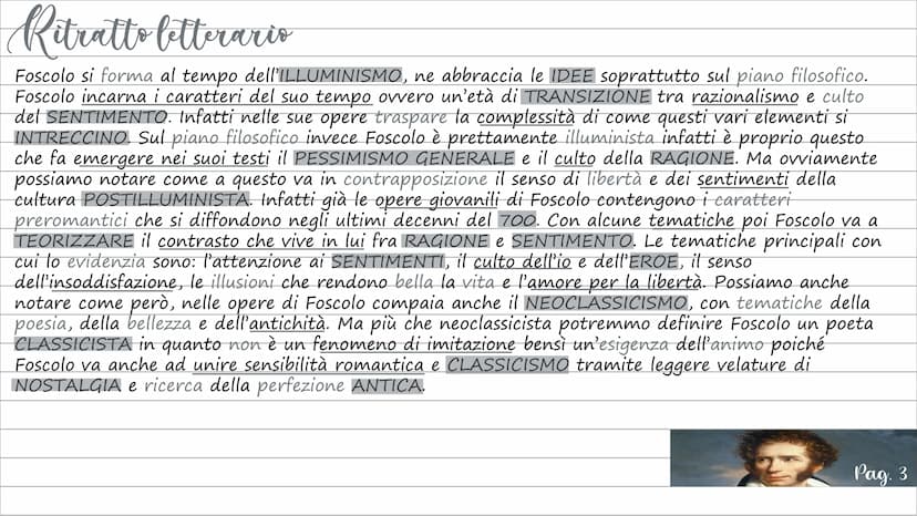 
<p>Ugo Foscolo visse in un periodo di forti contrasti, a cavallo tra il settecento e l'ottocento, caratterizzato dalla Rivoluzione Francese