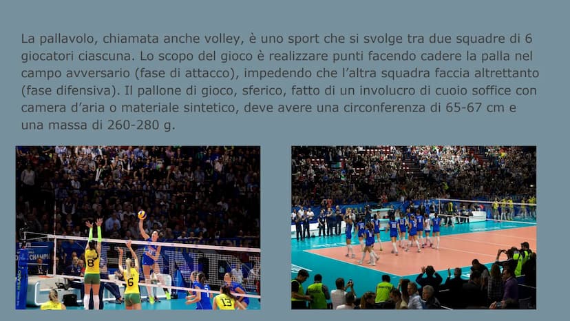 Arianna Sciclis
LA PALLAVOLO La pallavolo, chiamata anche volley, è uno sport che si svolge tra due squadre di 6
giocatori ciascuna. Lo scop