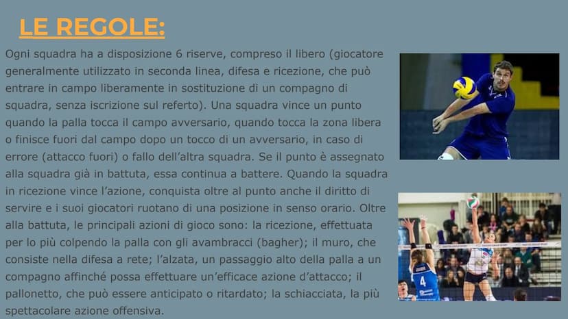 Arianna Sciclis
LA PALLAVOLO La pallavolo, chiamata anche volley, è uno sport che si svolge tra due squadre di 6
giocatori ciascuna. Lo scop