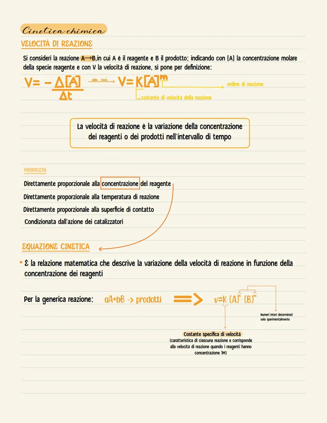 Cinetica chimica
VELOCITÀ DI REAZIONE
Si consideri la reazione A→B,in cui A è il reagente e B il prodotto; indicando con [A] la concentrazio