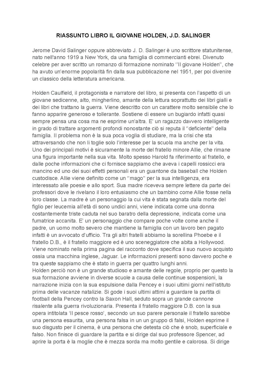Riassunto del 'Giovane Holden'