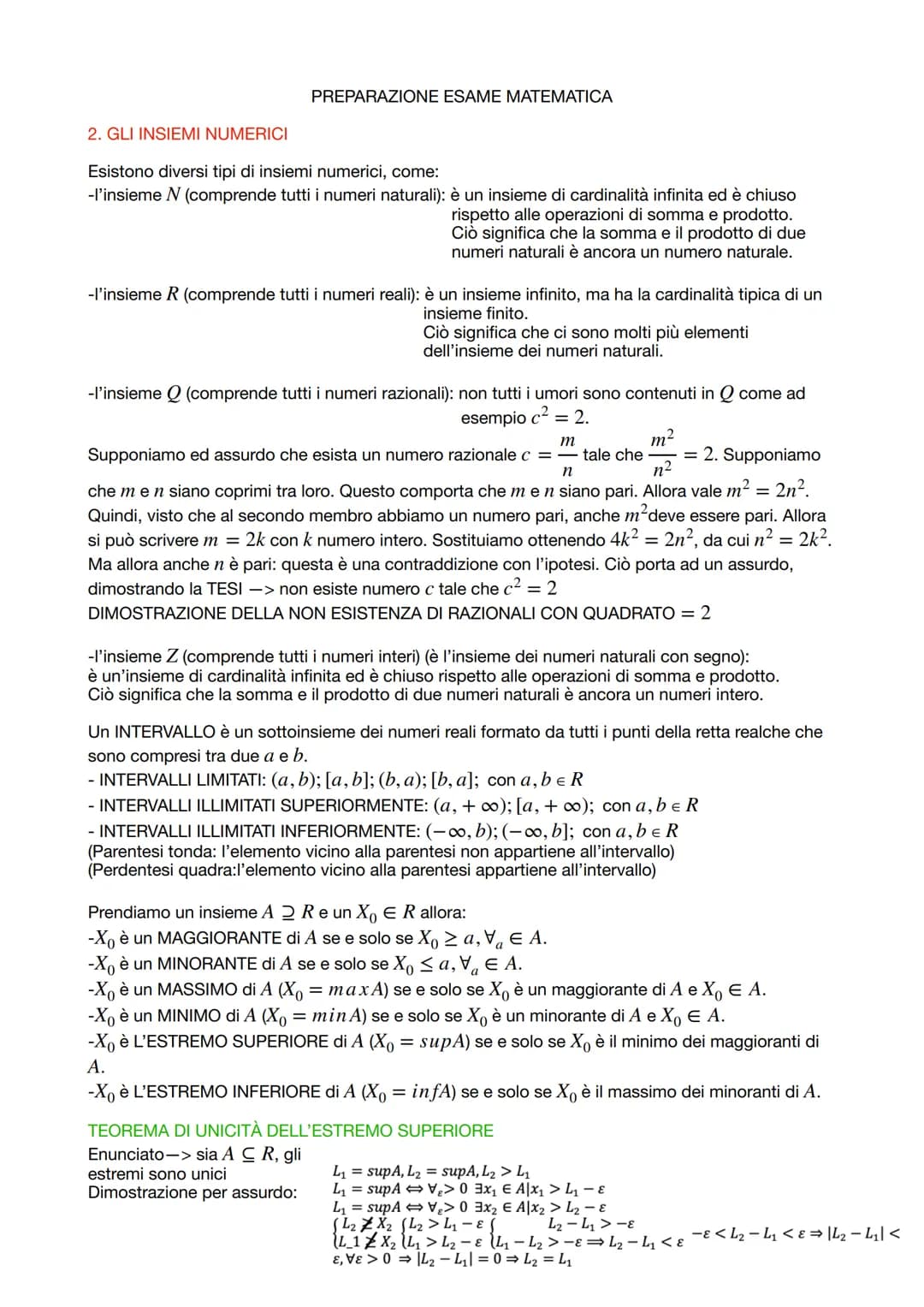 PREPARAZIONE ESAME MATEMATICA
2. GLI INSIEMI NUMERICI
Esistono diversi tipi di insiemi numerici, come:
-l'insieme N (comprende tutti i numer