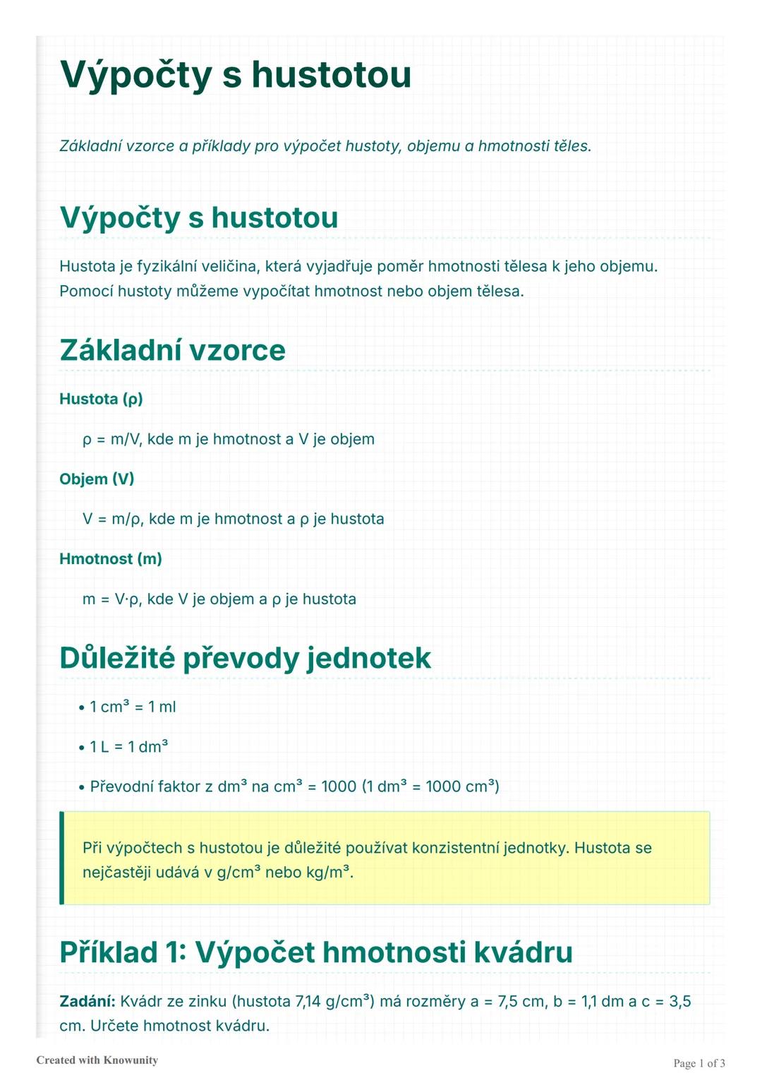 Výpočty s hustotou
Základní vzorce a příklady pro výpočet hustoty, objemu a hmotnosti těles.
Výpočty s hustotou
Hustota je fyzikální veličin