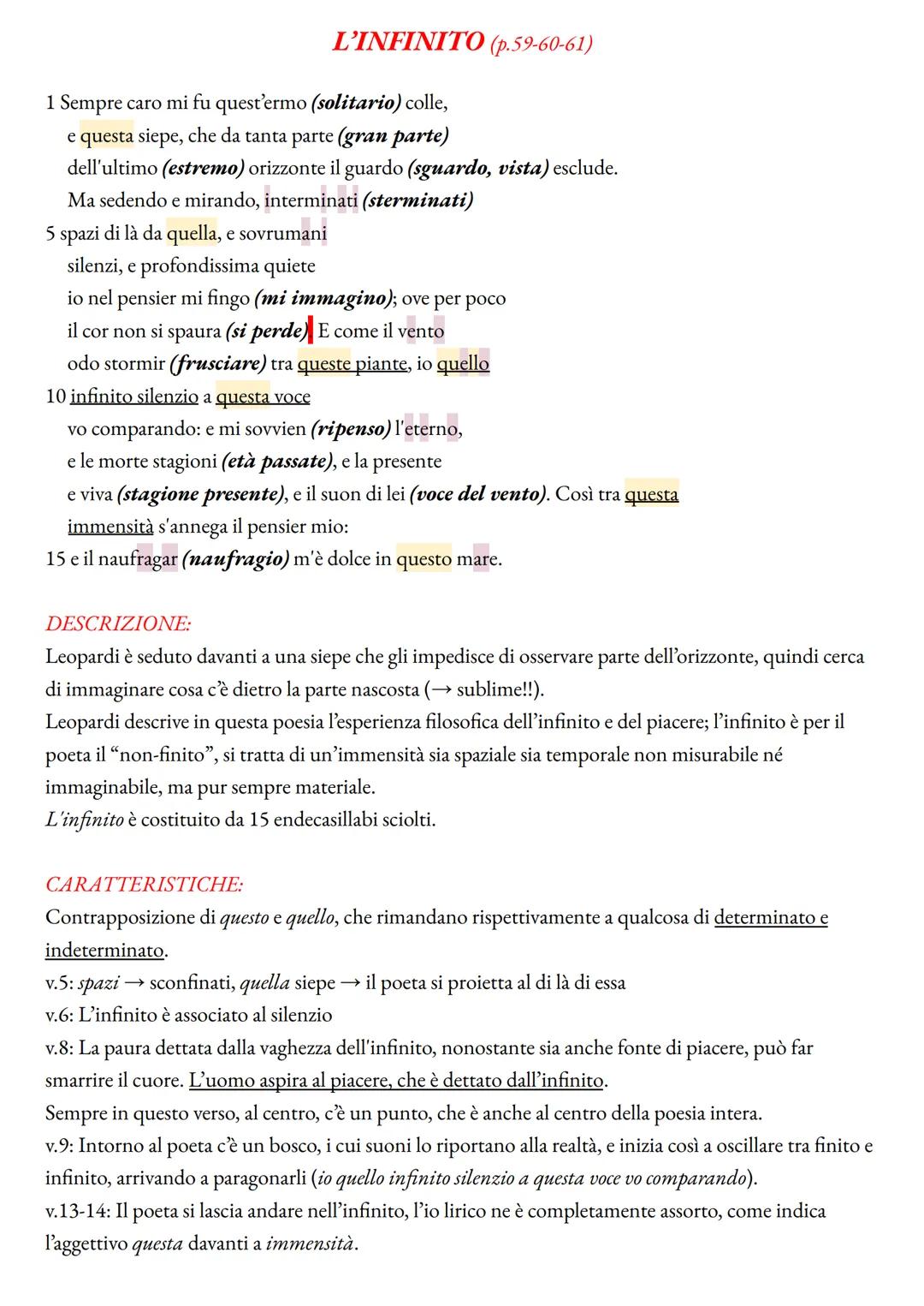 # L'INFINITO (p.59-60-61)

1 Sempre caro mi fu quest'ermo (solitario) colle,
e questa siepe, che da tanta parte (gran parte)
dell'ultimo (es