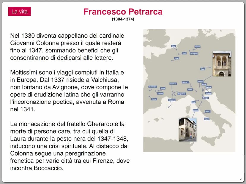 La vita
Nasce ad Arezzo nel 1304.
Francesco Petrarca
(1304-1374)
Il padre, guelfo bianco ed esule fiorentino,
esercita l'attività notarile a