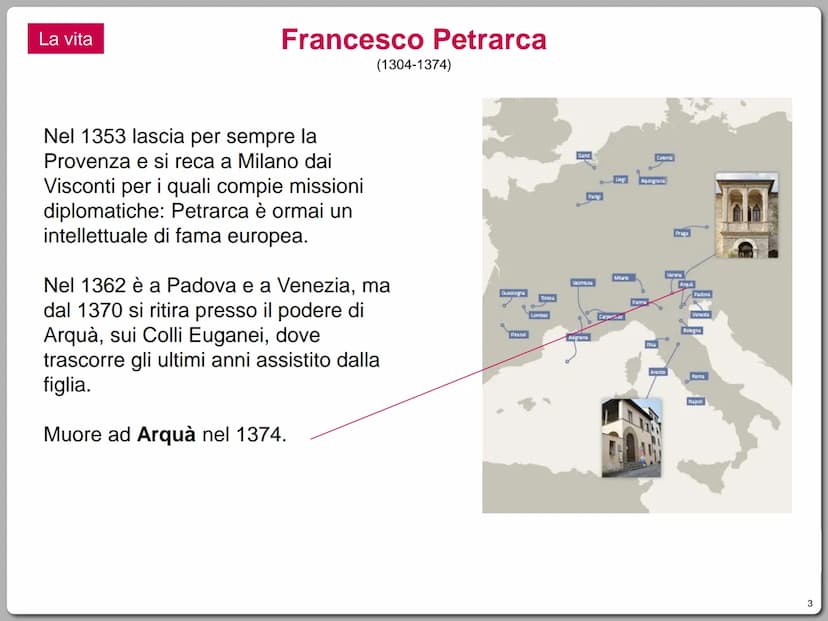 La vita
Nasce ad Arezzo nel 1304.
Francesco Petrarca
(1304-1374)
Il padre, guelfo bianco ed esule fiorentino,
esercita l'attività notarile a
