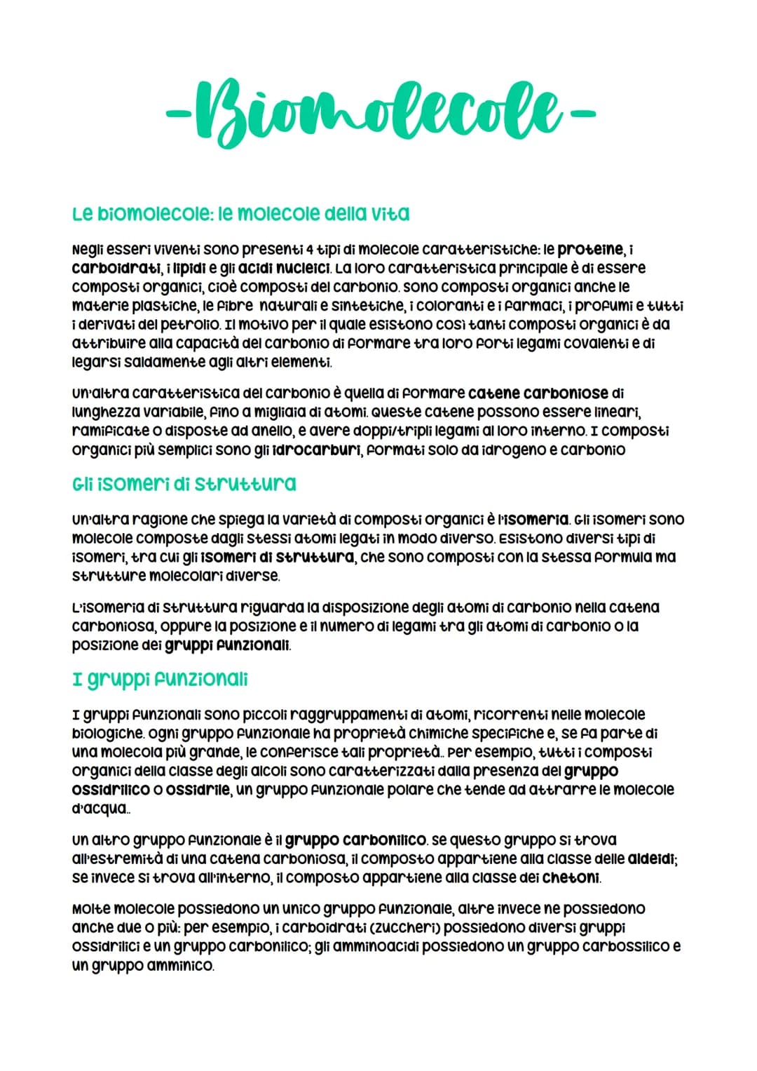 -Biomolecole-
Le biomolecole: le molecole della vita
Negli esseri viventi sono presenti 4 tipi di molecole caratteristiche: le proteine, i
c