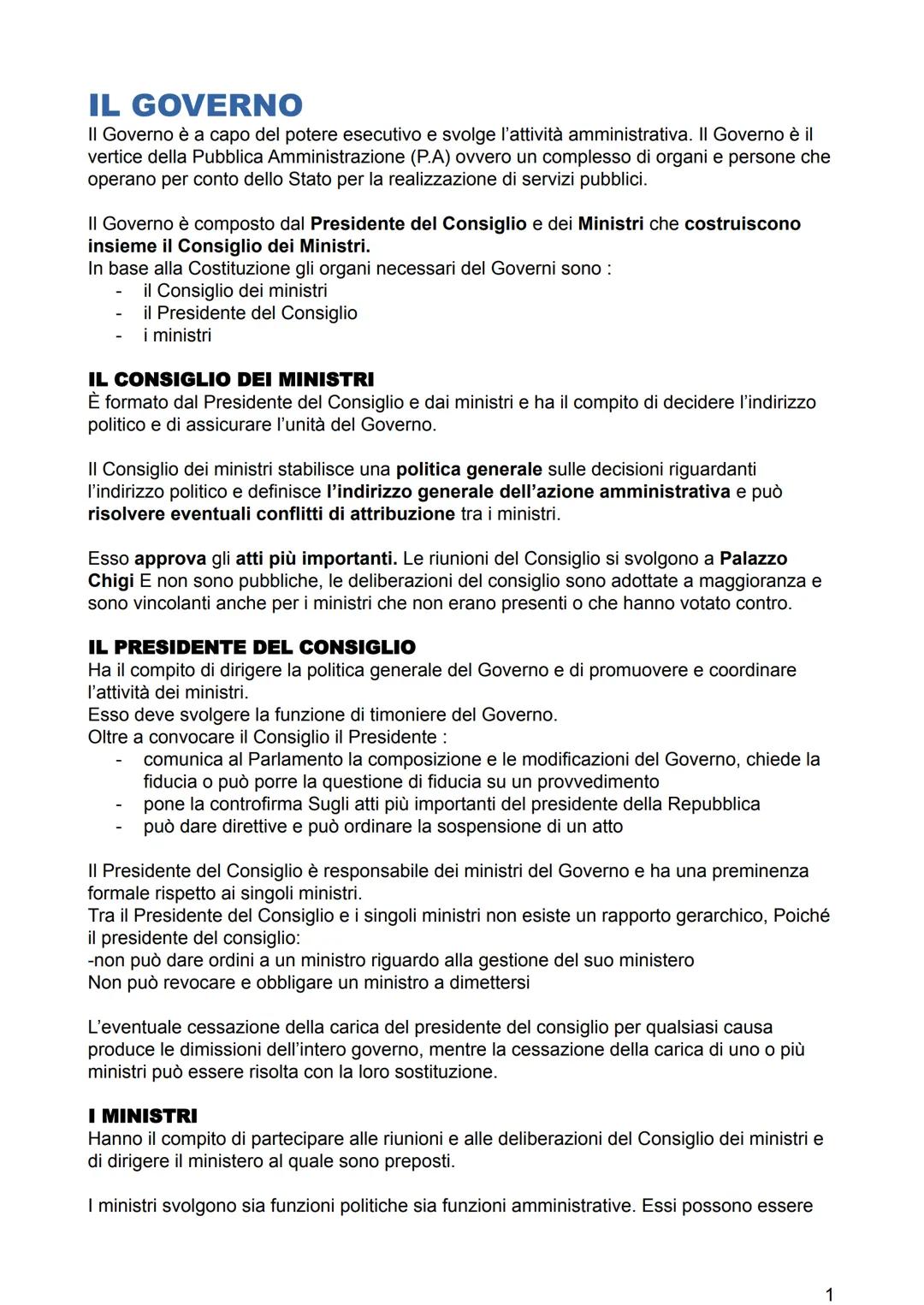 # IL GOVERNO

II Governo è a capo del potere esecutivo e svolge l'attività amministrativa. Il Governo è il
vertice della Pubblica Amministra