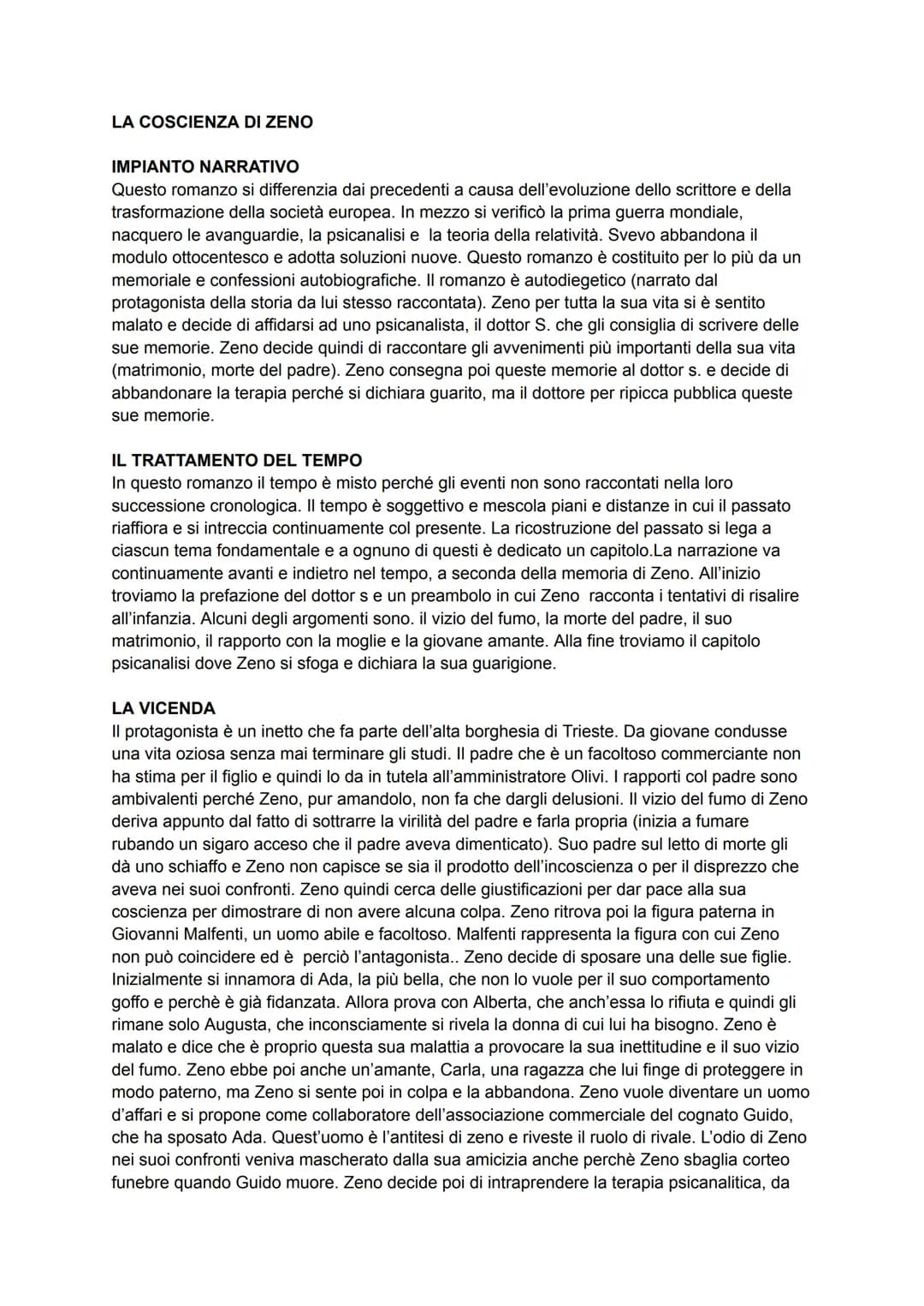 LA COSCIENZA DI ZENO
IMPIANTO NARRATIVO
Questo romanzo si differenzia dai precedenti a causa dell'evoluzione dello scrittore e della
trasfor