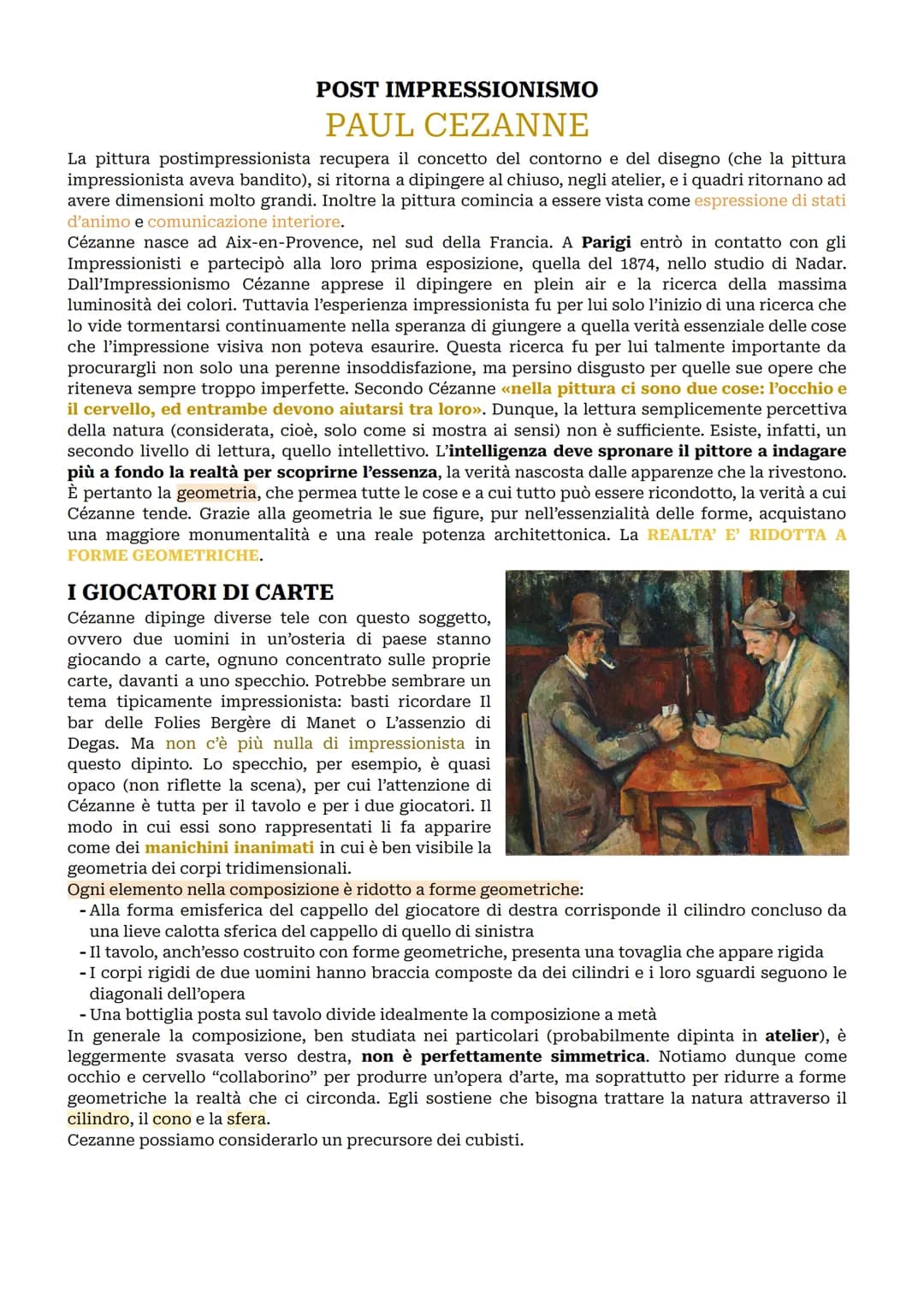 POST IMPRESSIONISMO
PAUL CEZANNE
La pittura postimpressionista recupera il concetto del contorno e del disegno (che la pittura
impressionist