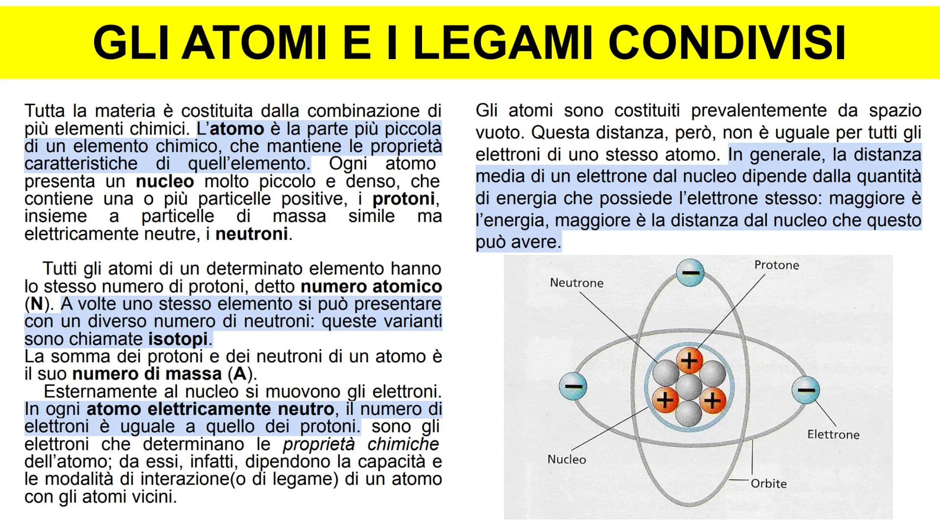 GLI ATOMI E I LEGAMI CONDIVISI
Tutta la materia è costituita dalla combinazione di
più elementi chimici. L'atomo è la parte più piccola
di u