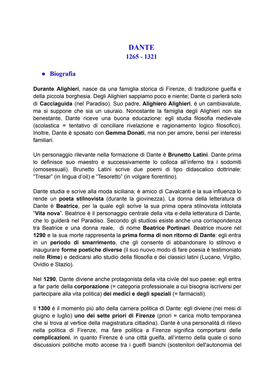 DANTE
1265-1321
• Biografia
Durante Alighieri, nasce da una famiglia storica di Firenze, di tradizione guelfa e
della piccola borghesia. Deg