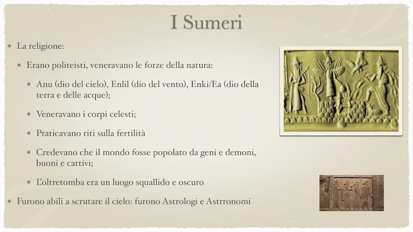 28
I Sumeri
4000-2370 a.C. e poi 2000 a.C. I Sumeri
* Quando ebbe origine la loro civiltà? Durante il
Neolitico, intorno al 4000 a.C.
* Dove