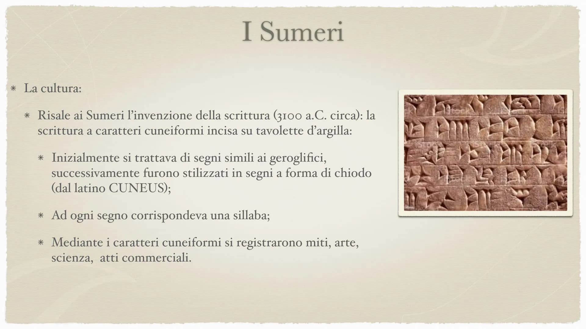 28
I Sumeri
4000-2370 a.C. e poi 2000 a.C. I Sumeri
* Quando ebbe origine la loro civiltà? Durante il
Neolitico, intorno al 4000 a.C.
* Dove