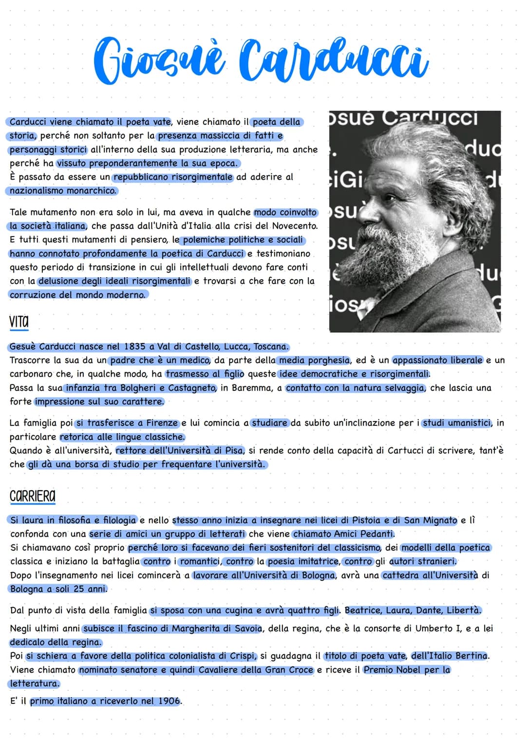 Giosuè Carducci
Carducci viene chiamato il poeta vate, viene chiamato il poeta della
storia, perché non soltanto per la presenza massiccia d