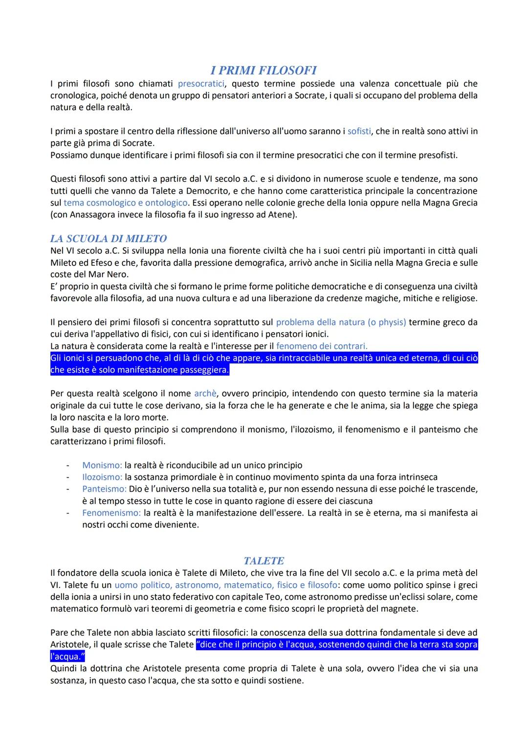 I PRIMI FILOSOFI
I primi filosofi sono chiamati presocratici, questo termine possiede una valenza concettuale più che
cronologica, poiché de