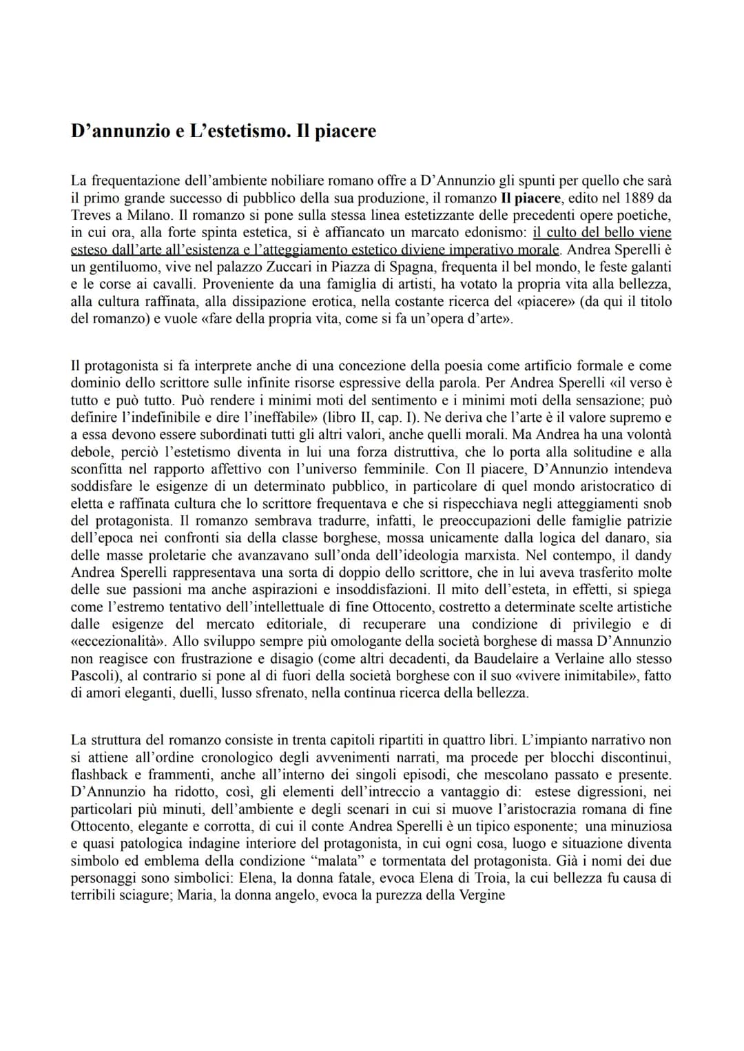 D'annunzio e L'estetismo. Il piacere
La frequentazione dell'ambiente nobiliare romano offre a D'Annunzio gli spunti per quello che sarà
il p