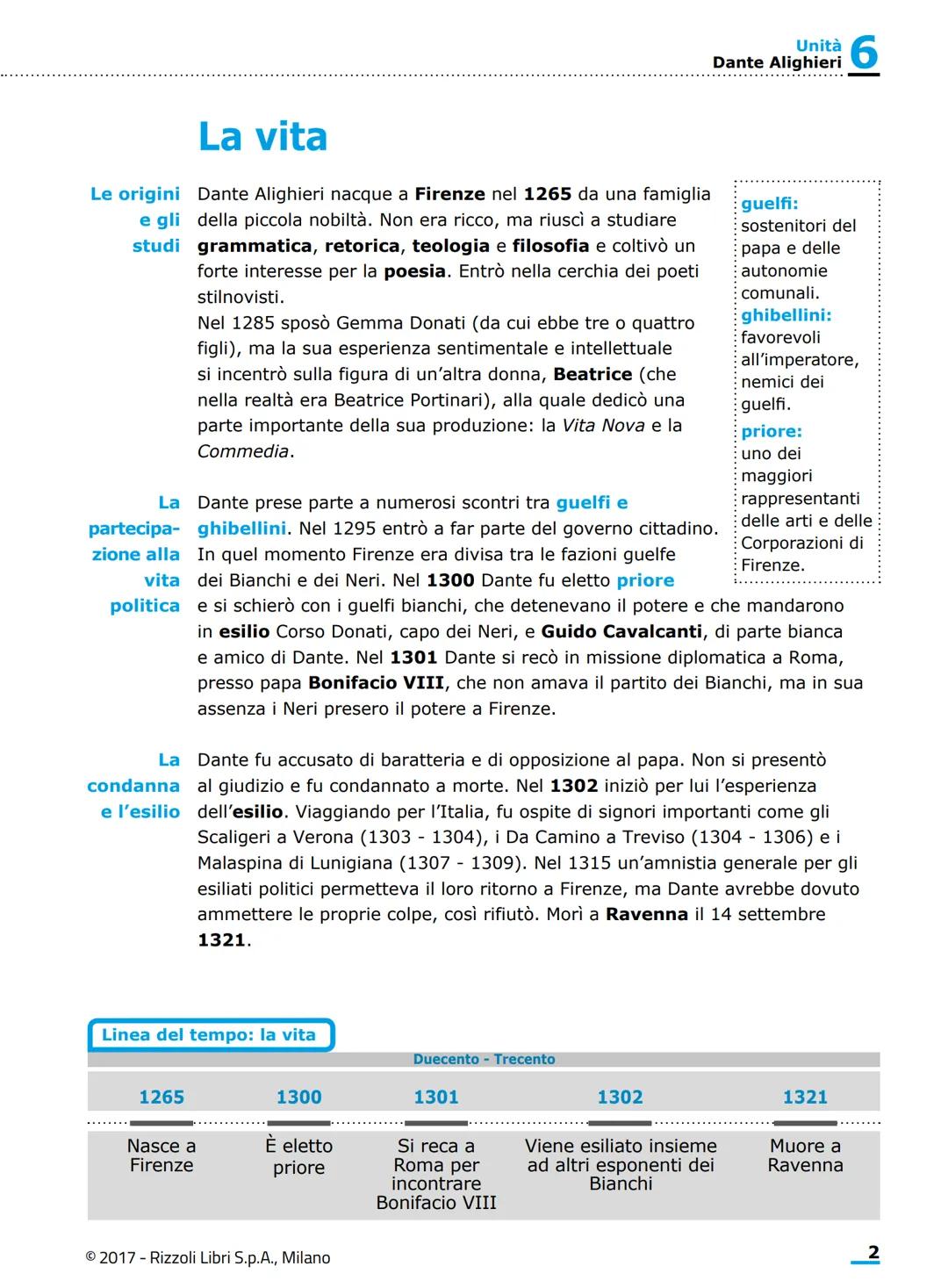 Unità
6
Dante Alighieri
Unità
Dante Alighieri
6
Le origini
e gli studi
↓
Nacque nel 1265
a Firenze da una
famiglia della piccola
nobiltà.
St