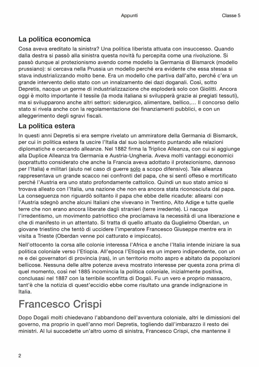 Appunti
1
Classe 5
Storia
L'Italia di fine Ottocento
La sinistra storica
Quadro generale
Dal 1876 incomincia il periodo della sinistra stori