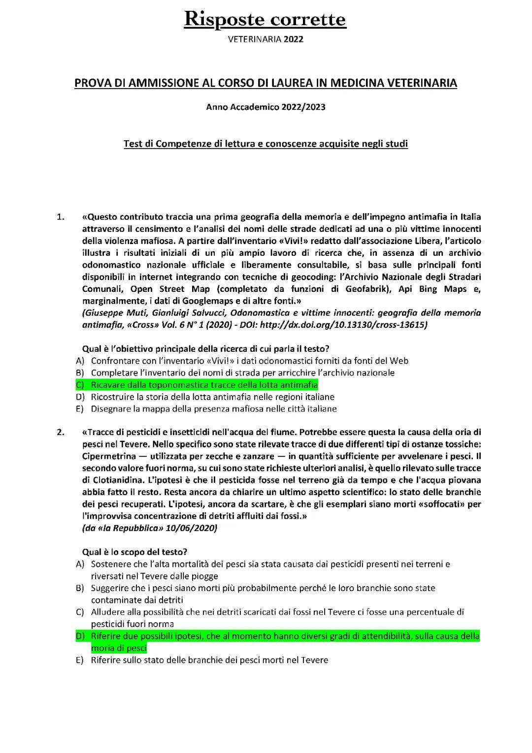 Domande test di ammissione veterinaria 2022 TOLC VET