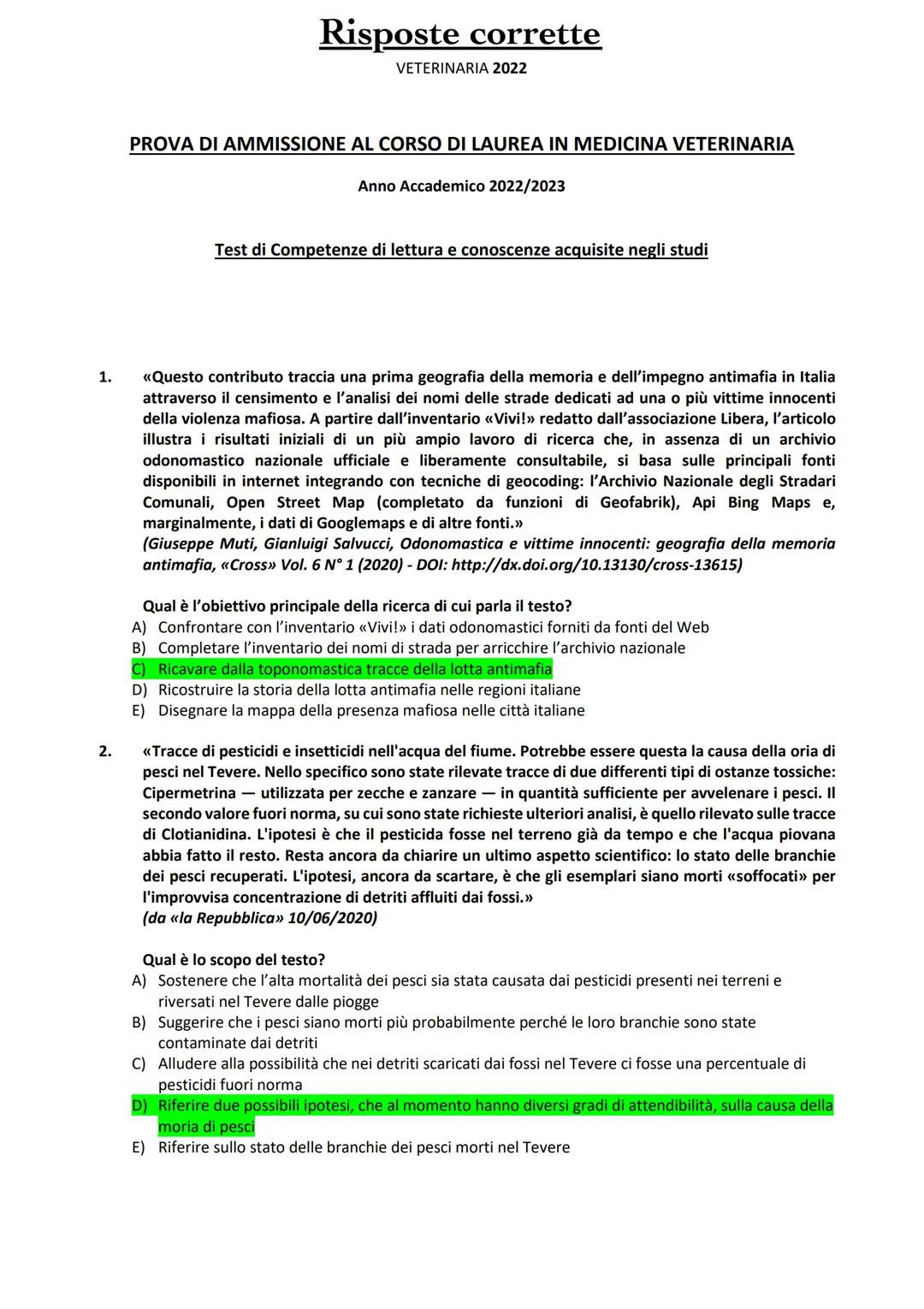 1.
2.
Risposte corrette
VETERINARIA 2022
PROVA DI AMMISSIONE AL CORSO DI LAUREA IN MEDICINA VETERINARIA
Anno Accademico 2022/2023
Test di Co