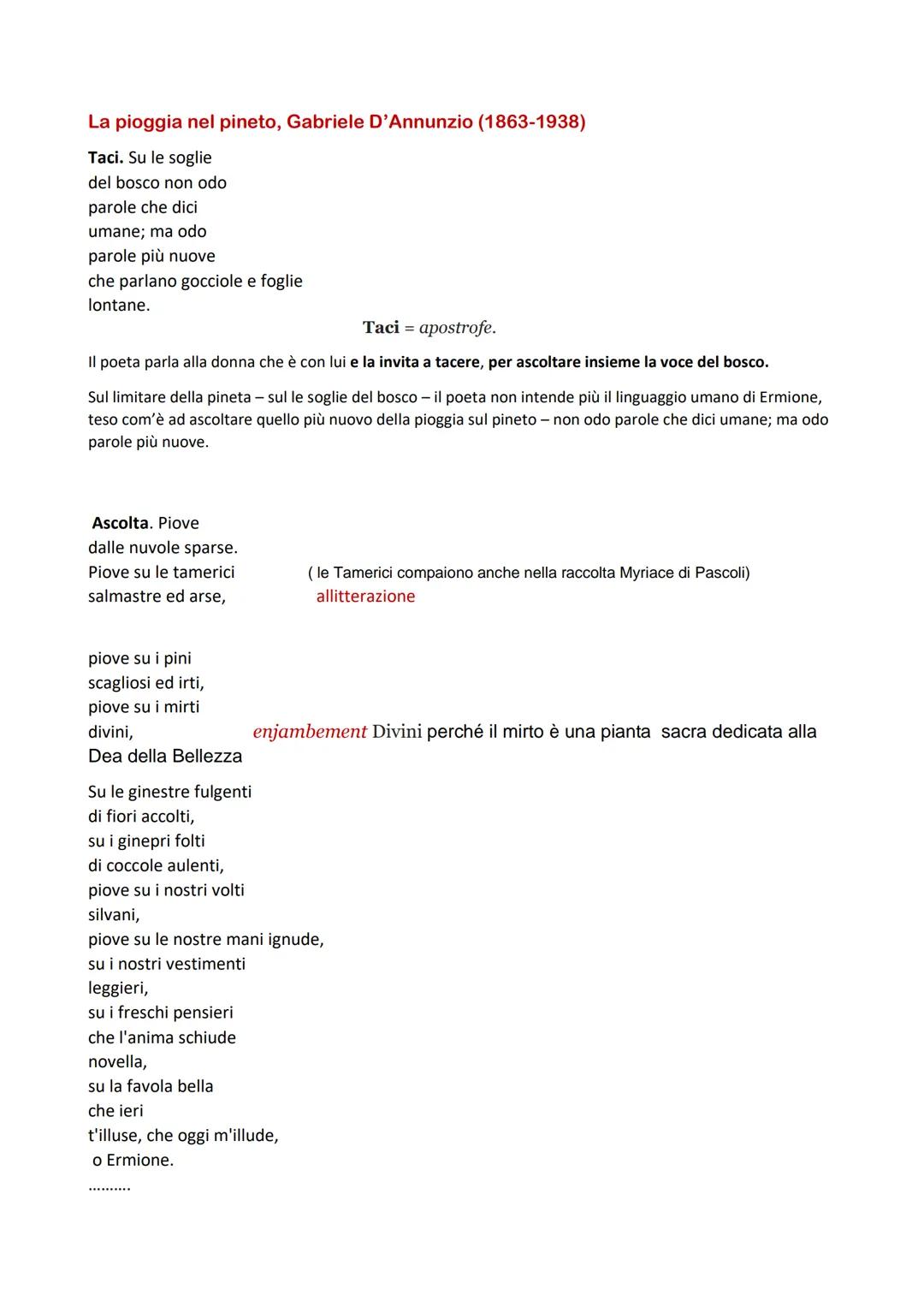 # La pioggia nel pineto, Gabriele D'Annunzio (1863-1938)

Taci. Su le soglie
del bosco non odo
parole che dici
umane; ma odo
parole più nuov